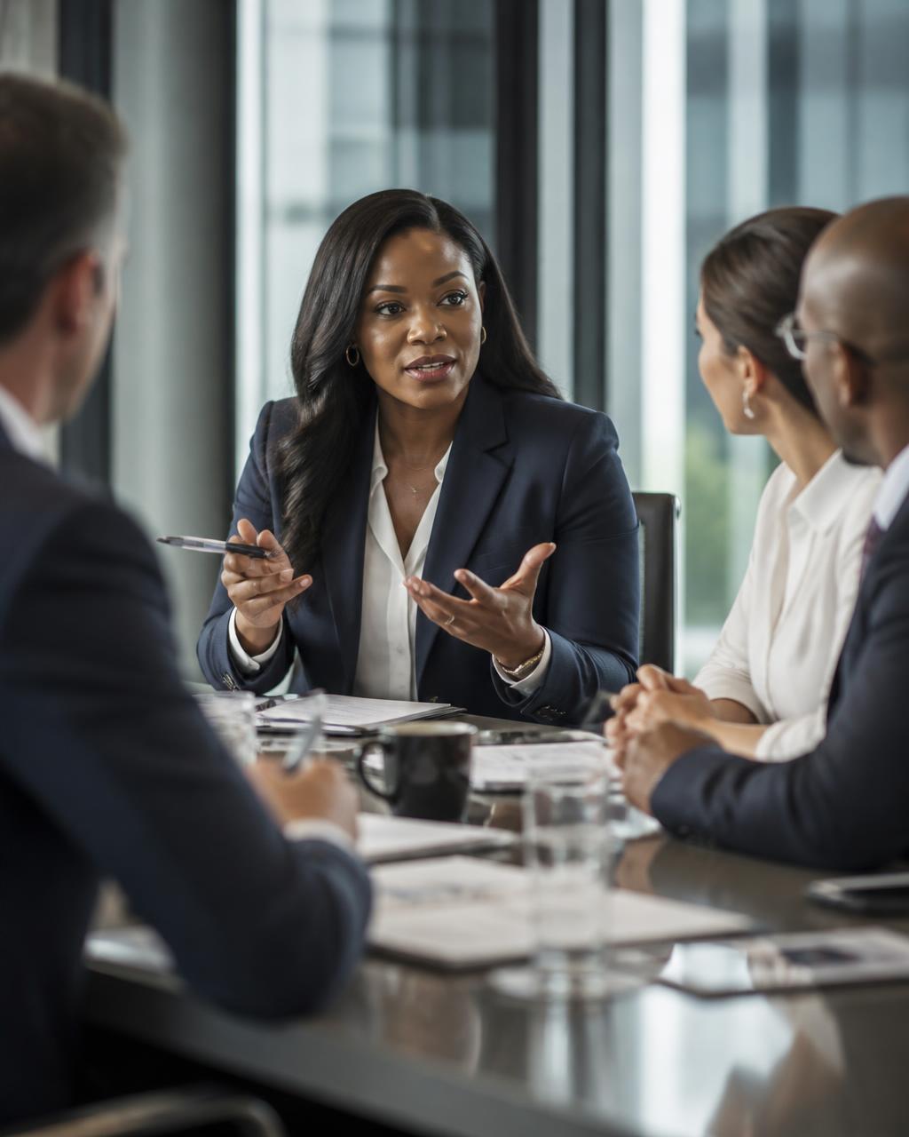 Black woman executive leading a strategic HR discussion with colleagues in a modern boardroom