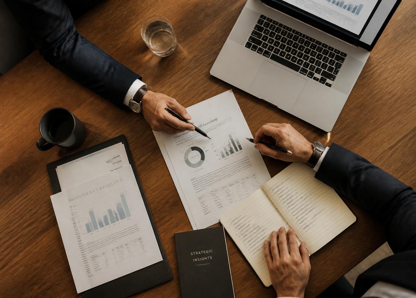 Two executives reviewing strategic HR documents at a conference table