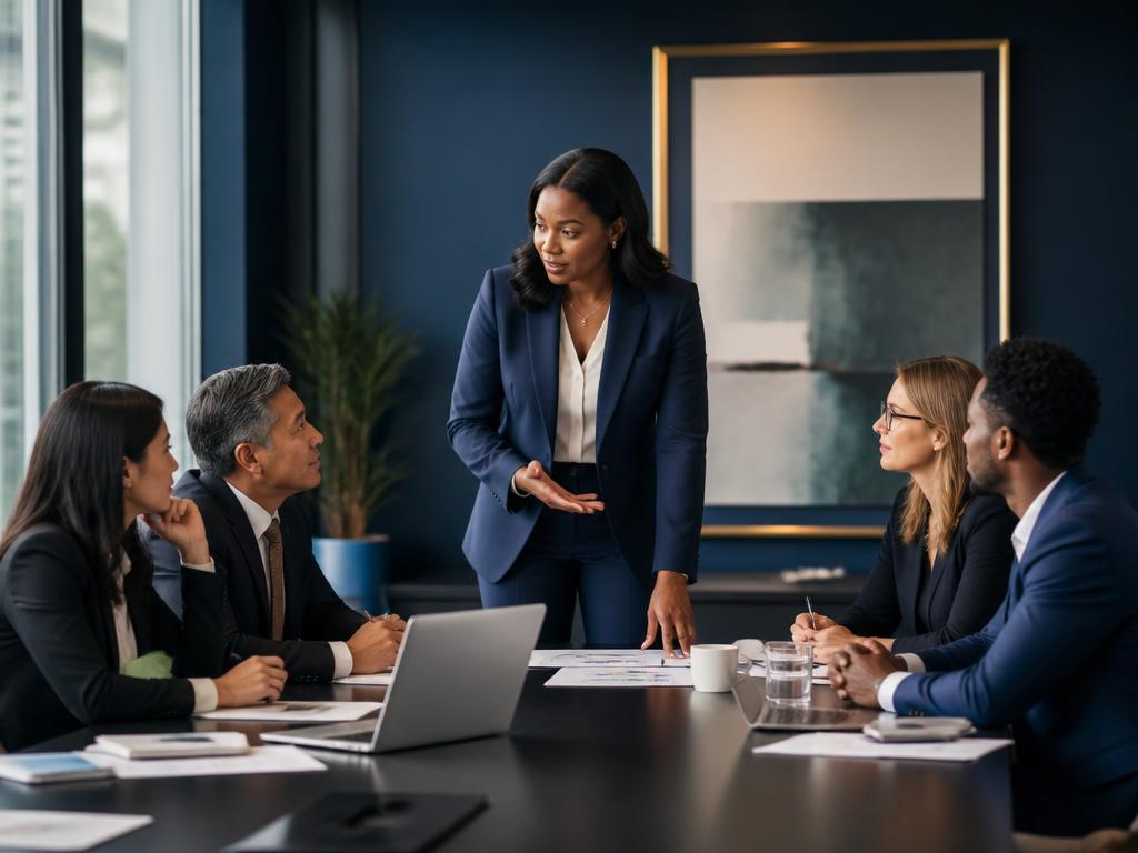 Diverse senior team collaborating together in a modern boardroom